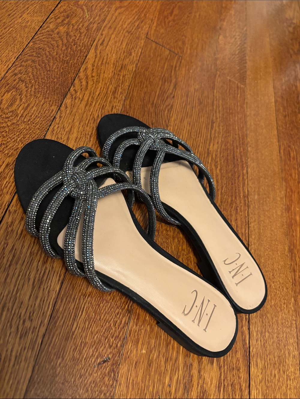 INC International Concepts Black Slide Sandals with Sparkle Straps